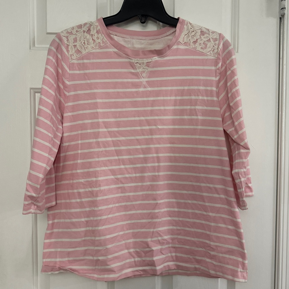 Pink Striped Lace Accent Women's Top